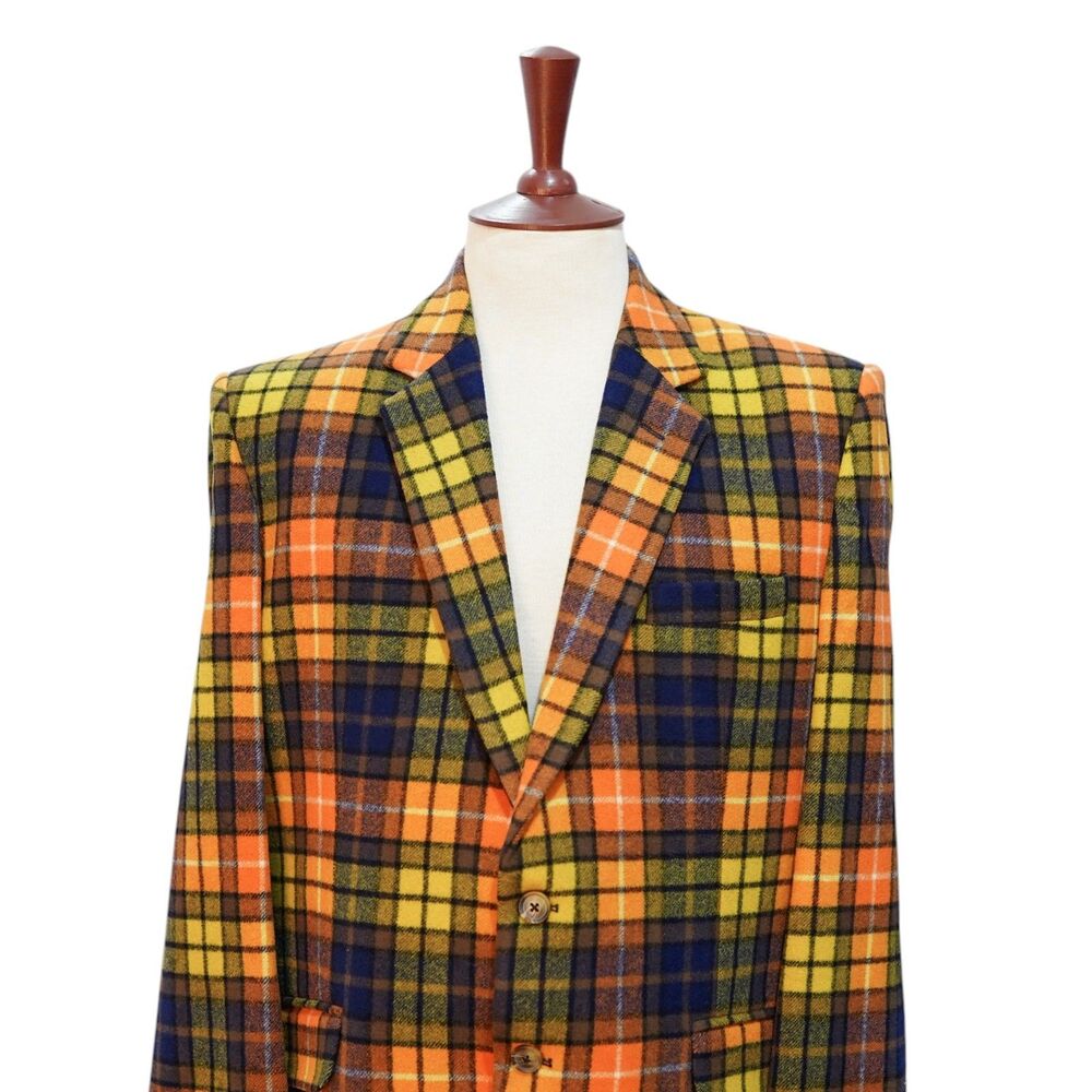 Mens Wool Sport Coat 44R Orange Yellow Blue Plaid Blazer 2 Button Wedding Formal - Picture 4 of 8
